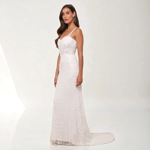 Lulus Momentous Love White Beaded Bustier Mesh Mermaid Maxi Dress Size Large - Picture 2 of 16